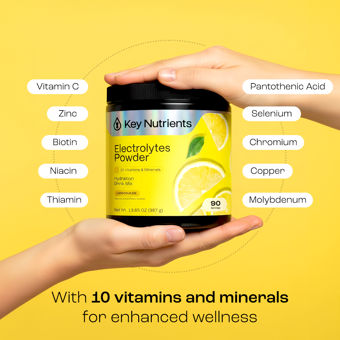 Hands holding Electrolyte Recovery Plus Powder (Sugar-Free), surrounded by 10 vitamins and minerals.