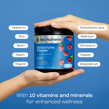 Hands hold an Electrolyte Recovery Plus Powder (Sugar-Free) container, showing its vitamins and minerals.