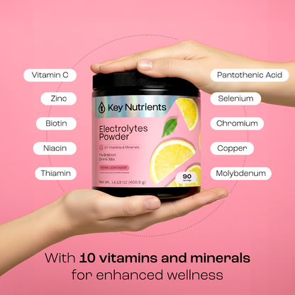 A hand holds an Electrolyte Recovery Plus Powder (Sugar-Free) jar, surrounded by vitamin and mineral labels.