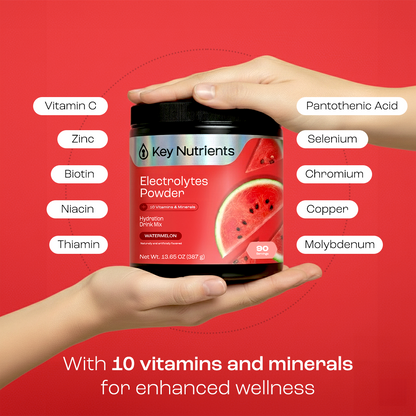 Hands hold a jar of Electrolyte Recovery Plus Powder (Sugar-Free) with watermelon, vitamins, and minerals.