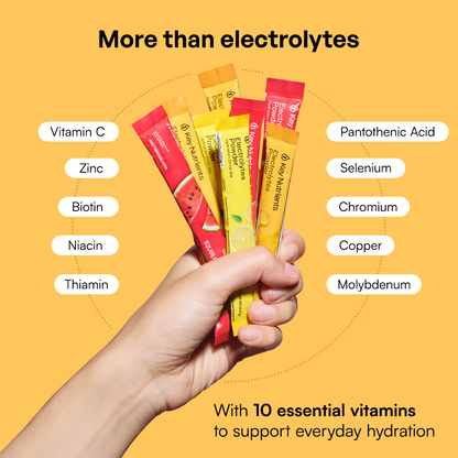 Hand holds four Electrolytes Powder Variety Pack sticks; zero sugar and vitamins boost hydration.