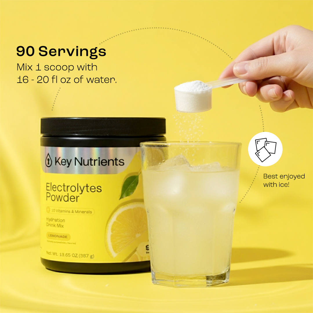 A hand adds Electrolyte Recovery Plus Powder (Sugar-Free) to lemonade beside a labeled tub.