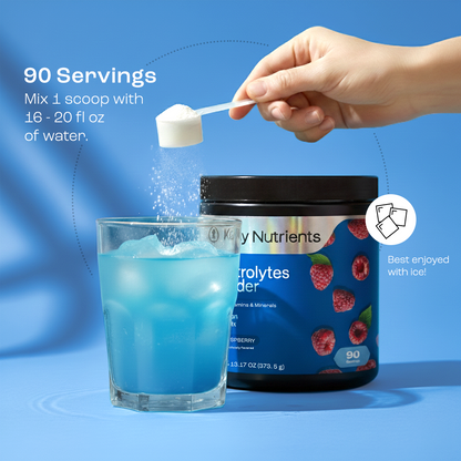 A hand adds Electrolyte Recovery Plus Powder (Sugar-Free) to a blue hydration drink beside a berry label.