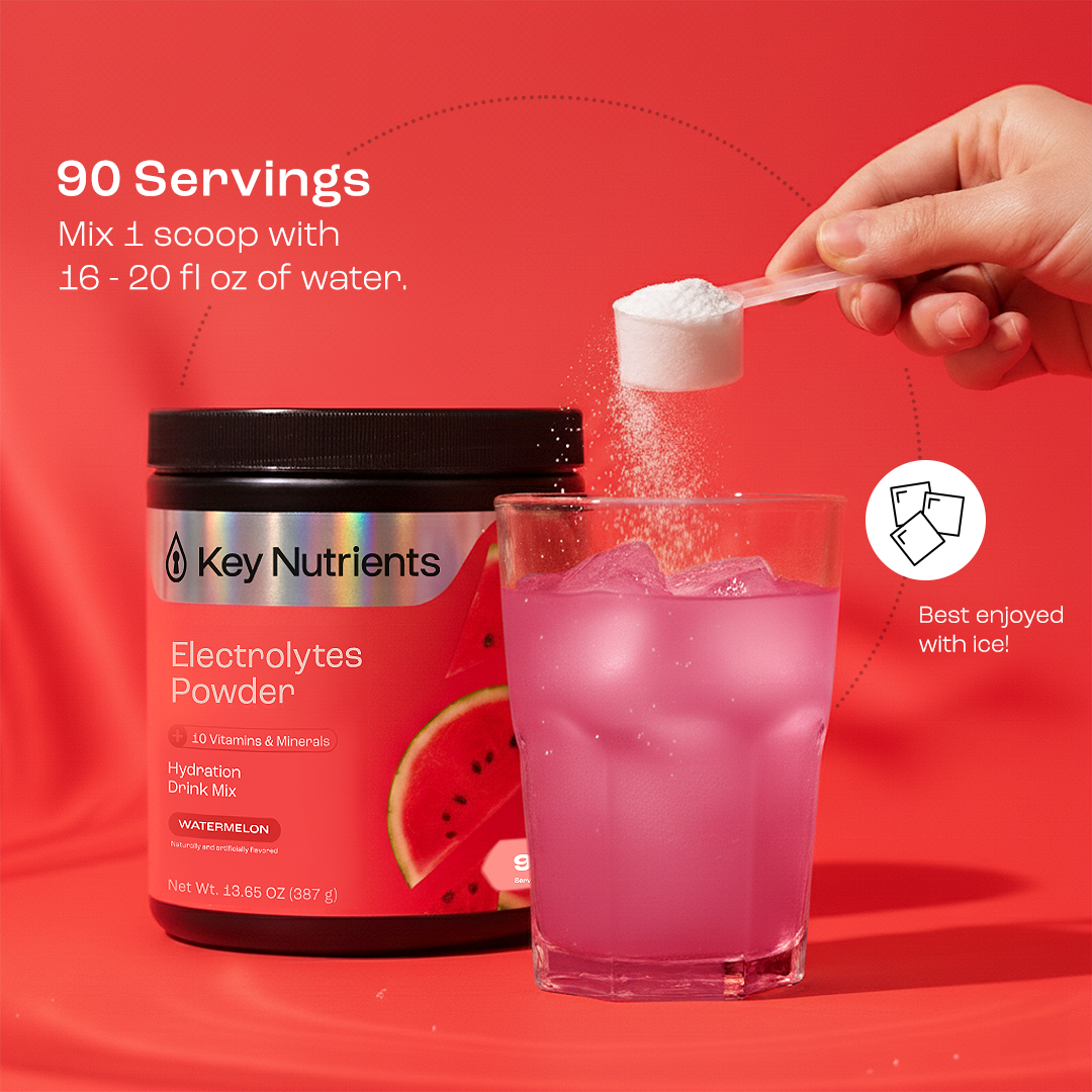 A hand adds Electrolyte Recovery Plus Powder (Sugar-Free) to a pink drink beside the container.