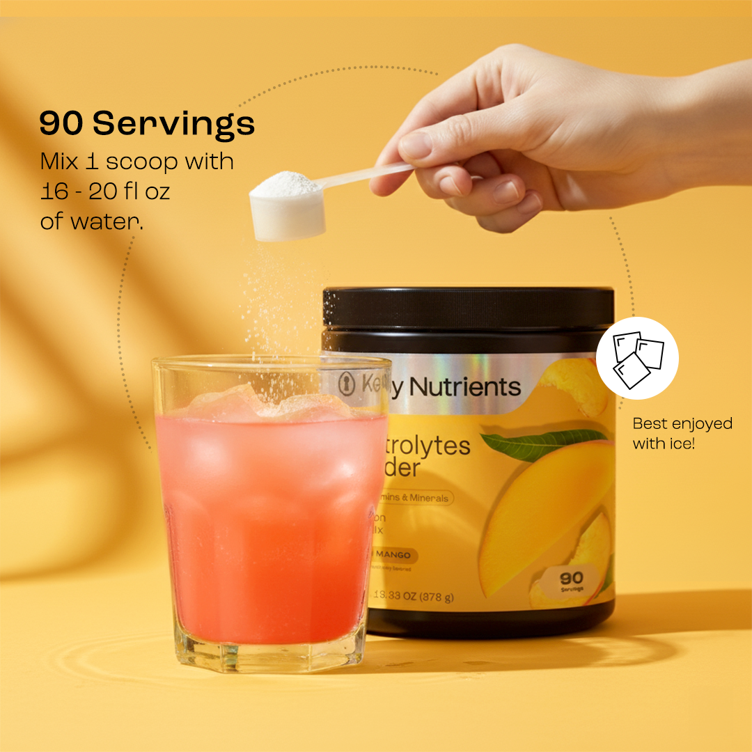 A hand adds Electrolyte Recovery Plus Powder (Sugar-Free) to a pink drink by a labeled jar.