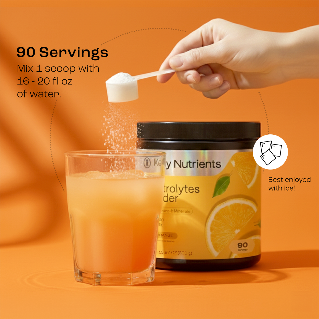A hand pours Electrolyte Recovery Plus Powder (Sugar-Free) into a glass of orange hydration drink.