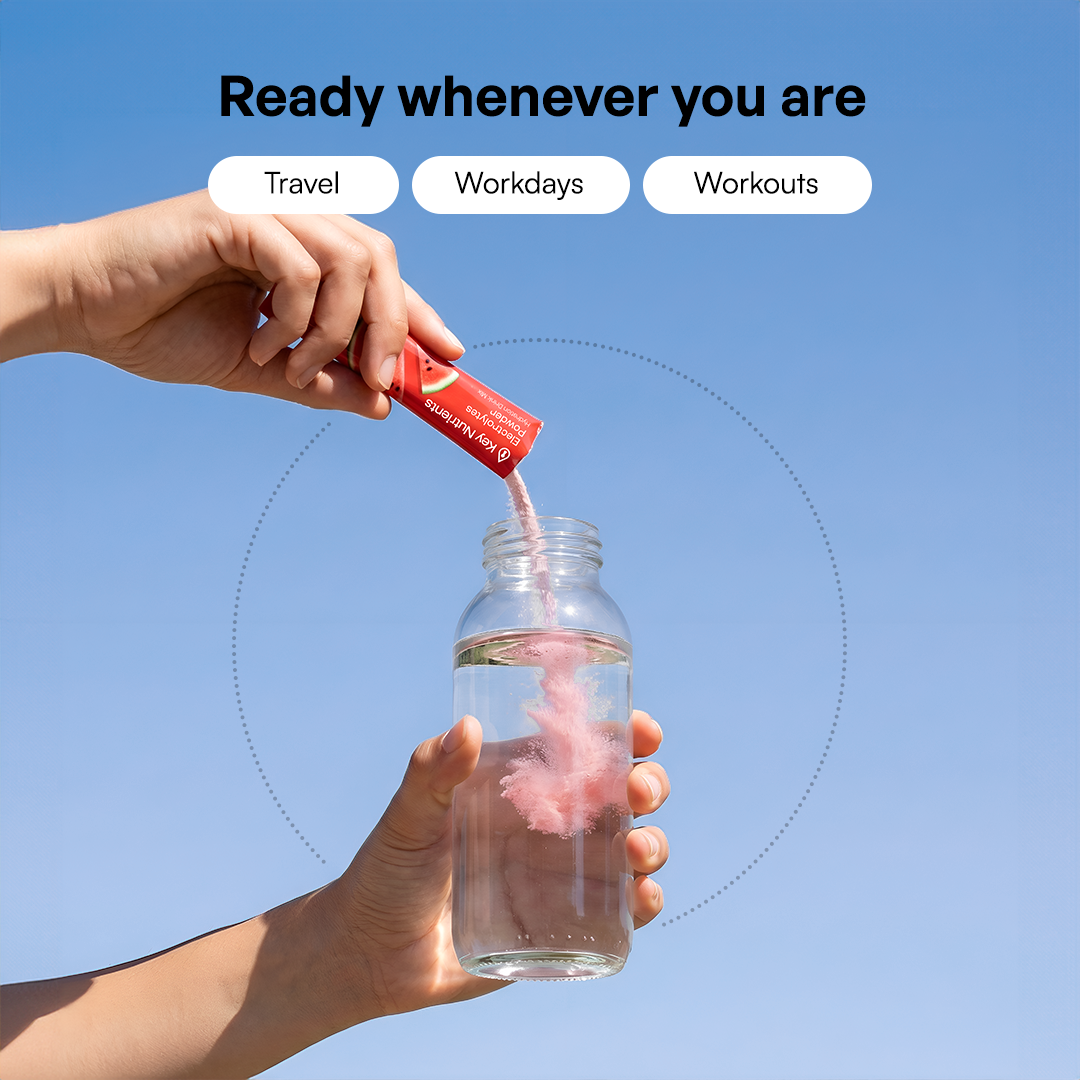A hand pours Electrolyte Recovery Plus Powder (Sugar-Free) into a clear water bottle under blue sky.