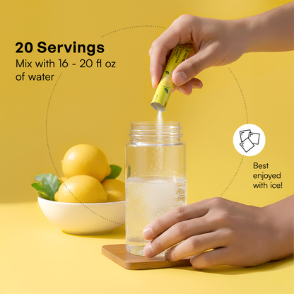 A hand pours Electrolyte Recovery Plus Powder (Sugar-Free) into water, with lemons on a yellow background.