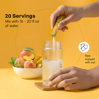 A hand pours Electrolyte Recovery Plus Powder (Sugar-Free) into water, with peaches and mixing info.