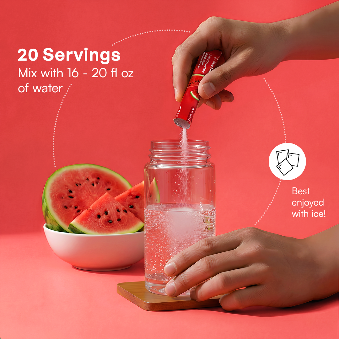 A hand pours Electrolyte Recovery Plus Powder (Sugar-Free) into water; watermelon slices and instructions nearby.