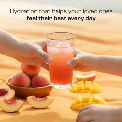 Adult and child hands holding Electrolyte Recovery Plus Powder (Sugar-Free) with peaches and mangoes nearby.