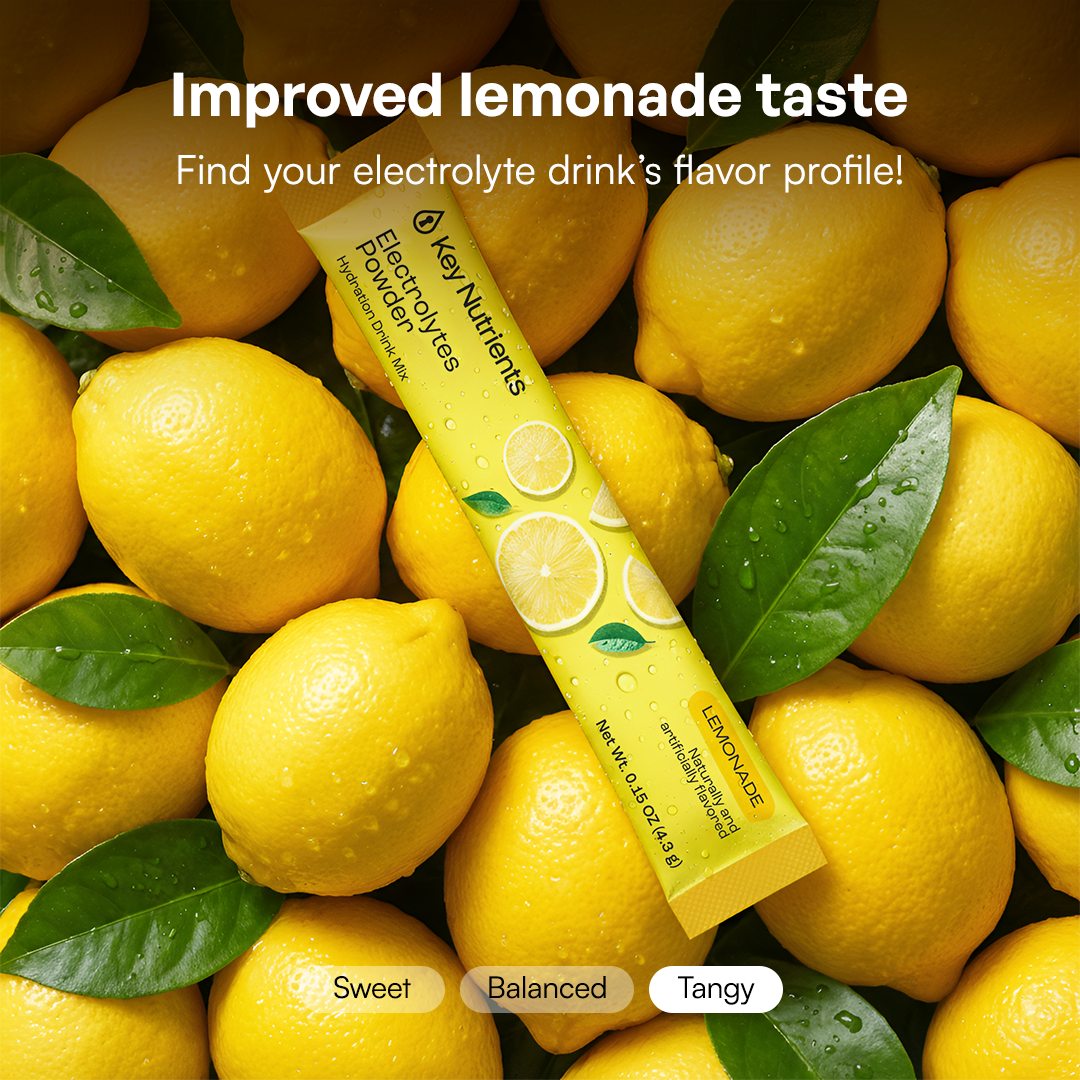 Electrolyte Recovery Plus Powder (Sugar-Free) Lemonade on fresh lemons, a hydration drink mix.