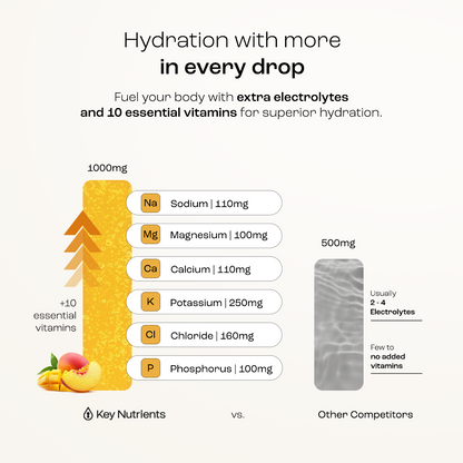 Infographic comparing electrolytes and vitamins in Electrolyte Recovery Plus Powder (Sugar-Free).