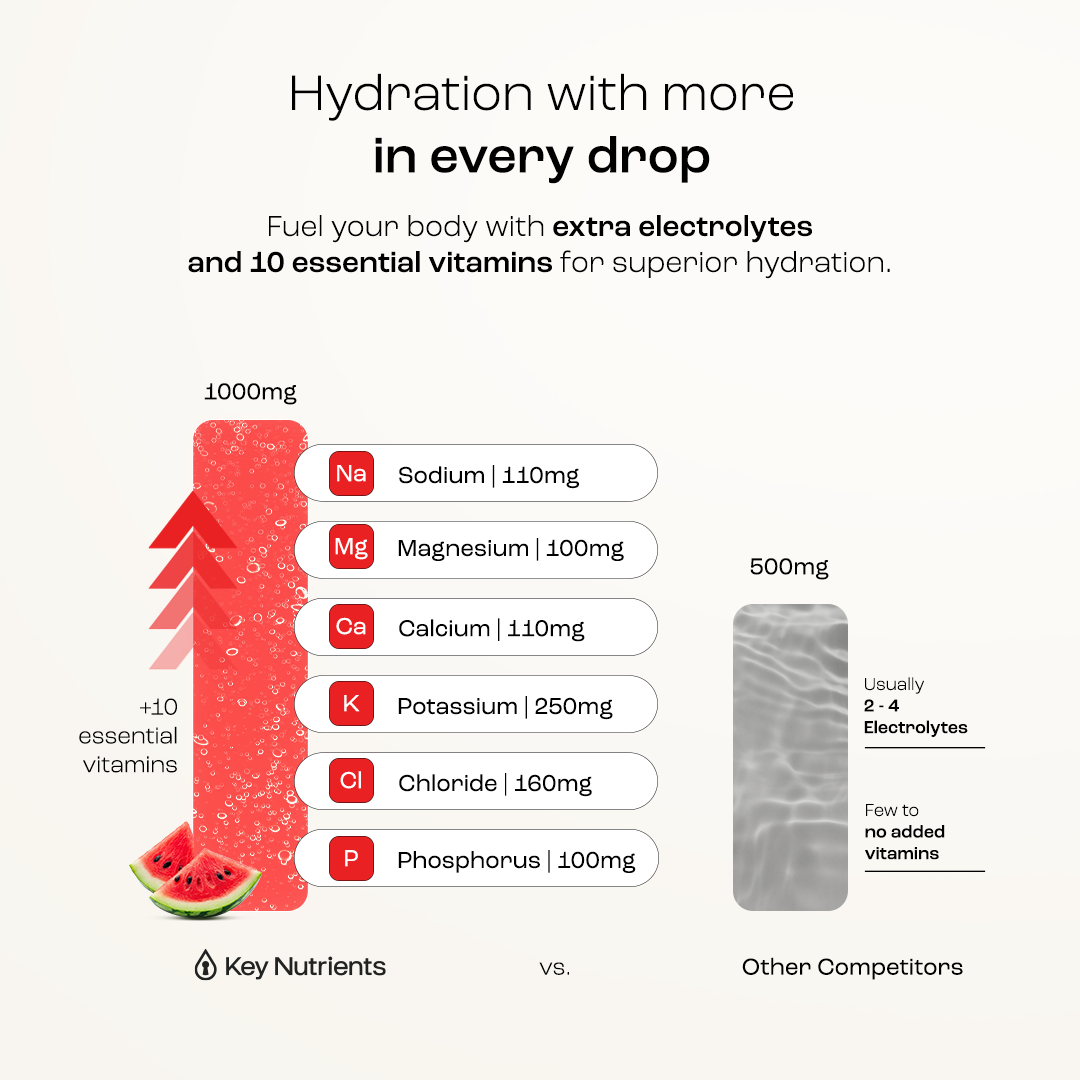 Electrolyte Recovery Plus Powder (Sugar-Free) vs. competitors: 6 key nutrients comparison chart.