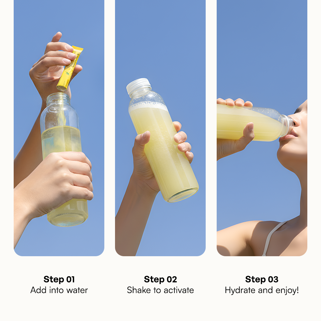 Hands add Electrolytes Powder Variety Pack to water, shake, and drink a zero sugar yellow beverage outside.