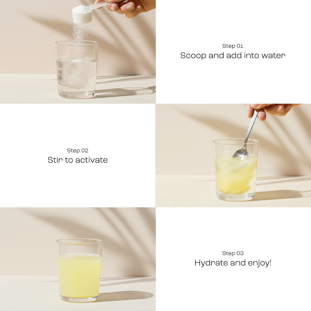 Electrolyte Recovery Plus Powder (Sugar-Free) mixes with water, turning yellow for a refreshing drink.