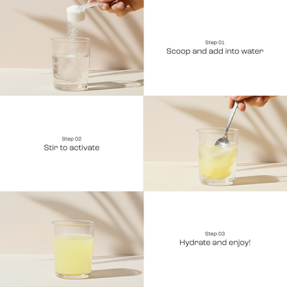 Electrolyte Recovery Plus Powder (Sugar-Free) mixes with water, turning yellow for a refreshing drink.