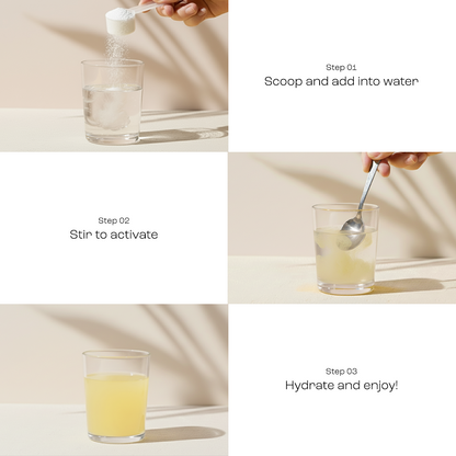 Electrolyte Recovery Plus Powder (Sugar-Free) is mixed with water, turns yellow, and is ready to drink.