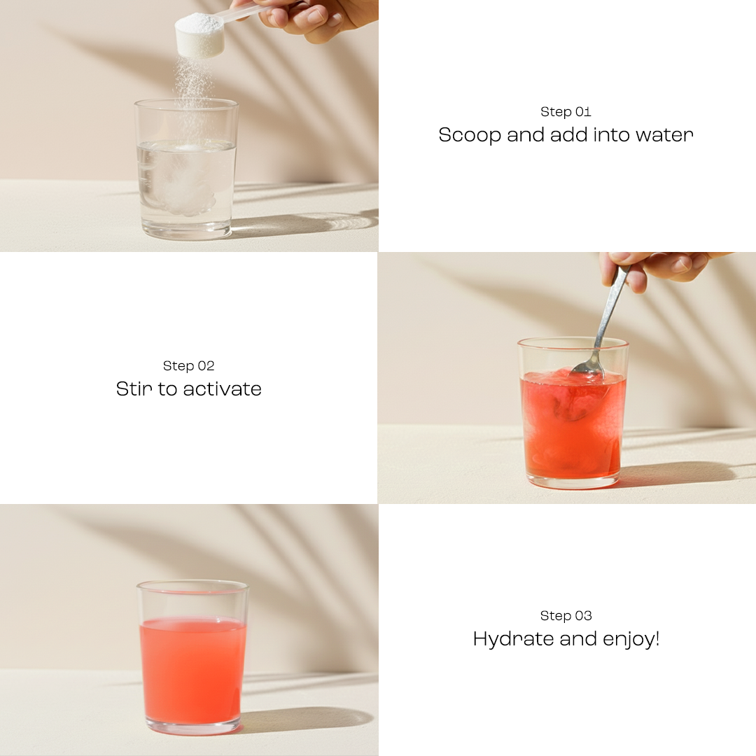 Electrolyte Recovery Plus Powder (Sugar-Free) turns water pink and into a refreshing hydration drink.