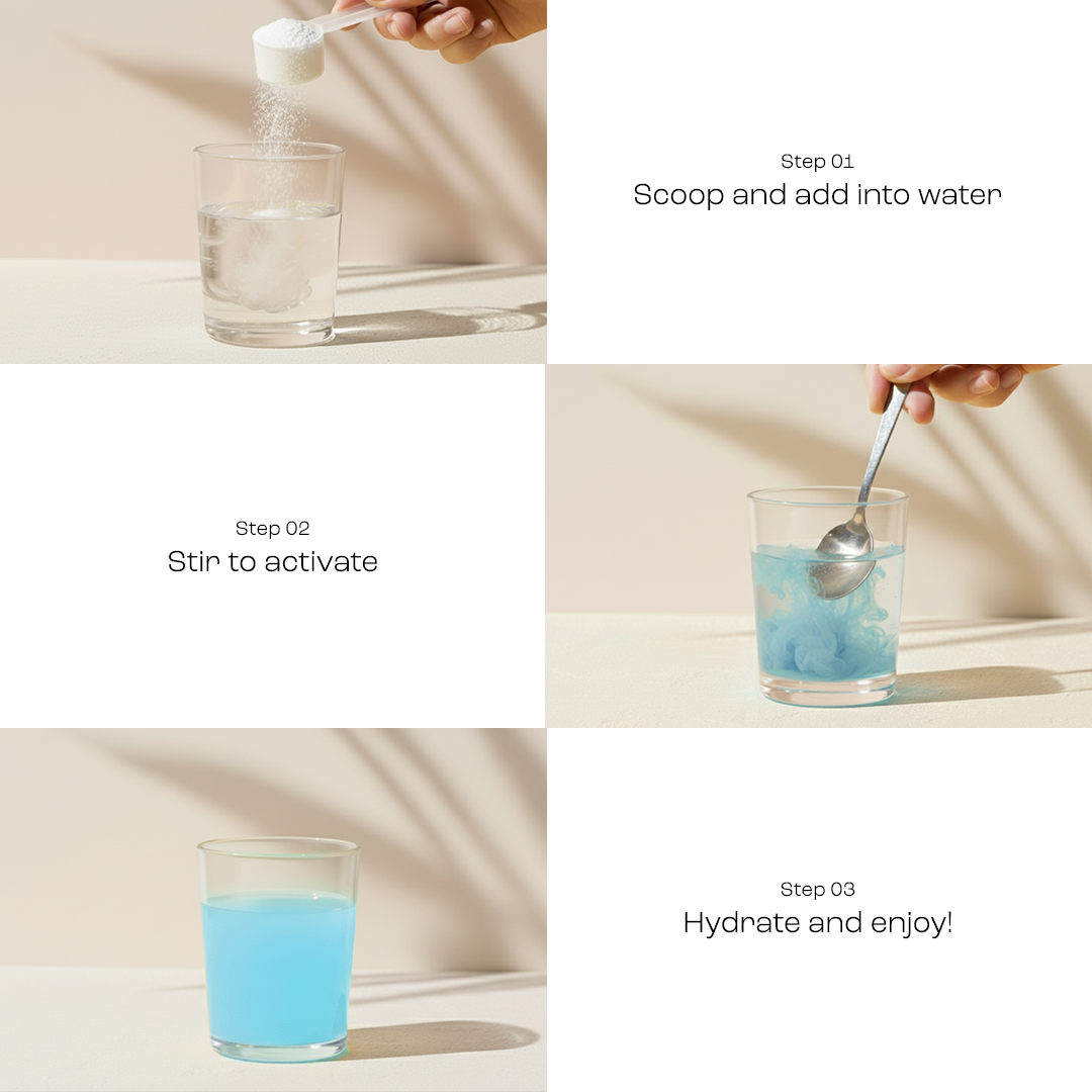 Electrolyte Recovery Plus Powder (Sugar-Free) is added to water, turns blue, and is ready to drink.