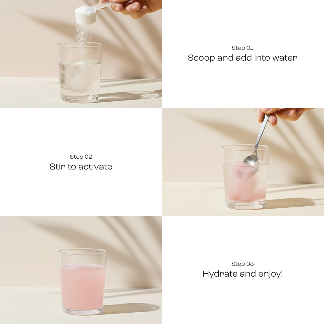 Electrolyte Recovery Plus Powder (Sugar-Free) mixes with water, turns pink, and creates a hydration drink.