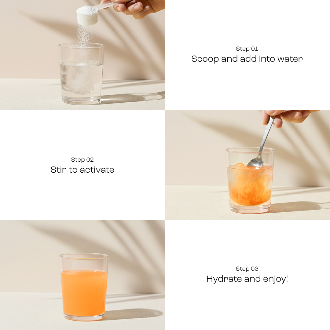 Electrolyte Recovery Plus Powder (Sugar-Free) mixes with water—stir, it turns orange, and it's ready!.