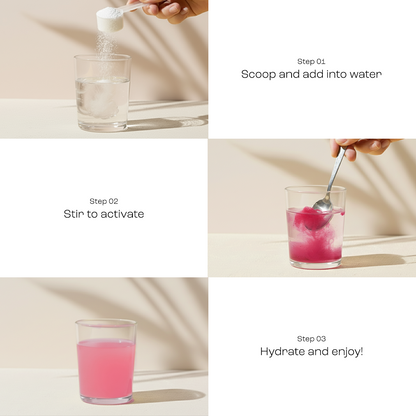 Electrolyte Recovery Plus Powder (Sugar-Free) turns pink in water, making a sugar-free hydration drink.