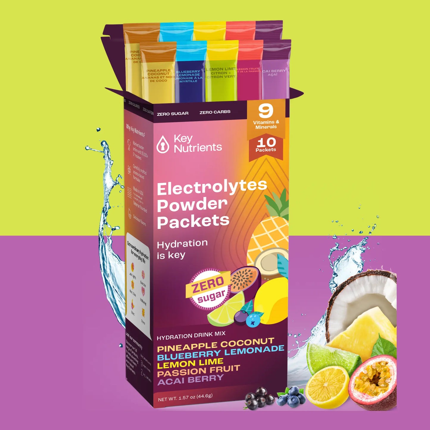 Electrolyte Recovery Plus Powder Travel Packets feature vibrant fruit illustrations on their zero-sugar label, providing essential hydration and keto diet support.