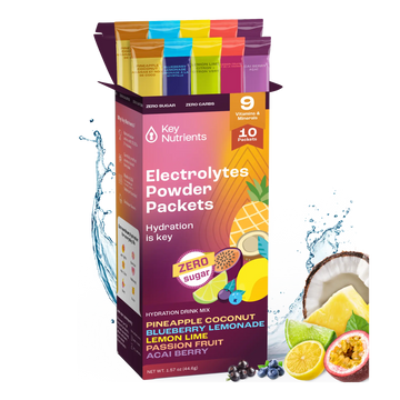 The Electrolyte Recovery Plus Powder Travel Packets, designed for optimal hydration and keto diet support, are showcased in an open box featuring a variety of fruit flavors.
