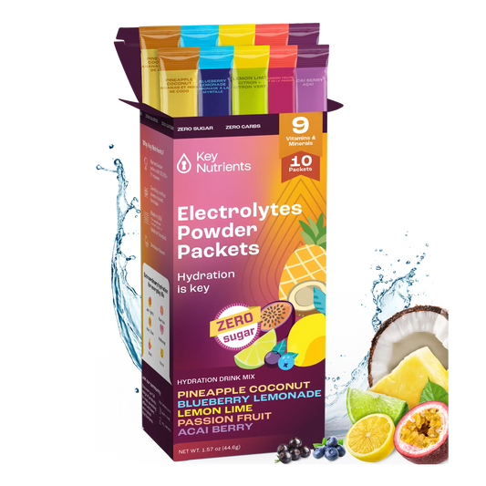 Variety - Pineapple Coconut, Passion Fruit, Blueberry Lemonade, Lemon Lime, Acai Berry - 10 servings The Electrolyte Recovery Plus Powder Travel Packets, designed for optimal hydration and keto diet support, are showcased in an open box featuring a variety of fruit flavors.