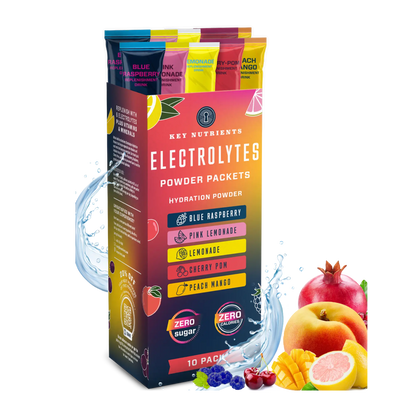 A lively box of Electrolyte Recovery Plus Powder Travel Packets, featuring dynamic fruit illustrations, ideal for hydration and supporting a keto diet.