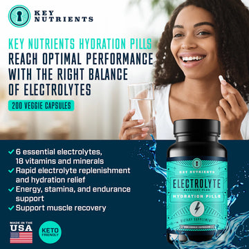 Explore the advantages of our Electrolyte Hydration Pills, expertly designed for individuals following a keto diet. Witness a woman experiencing revitalizing hydration from these USA-made capsules, formulated to improve electrolyte recovery with every use. Embrace easy wellness today!
