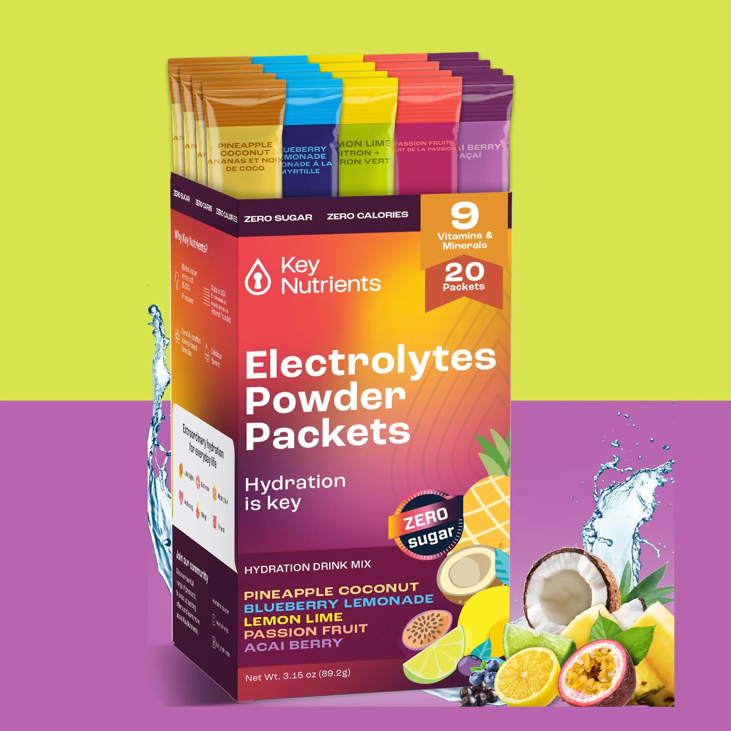 A box of Electrolyte Recovery Plus Powder Travel Packets, featuring lively fruit illustrations and prominently labeled with "Hydration is Key." Ideal for keto diet support, it provides hydration without any sugar.