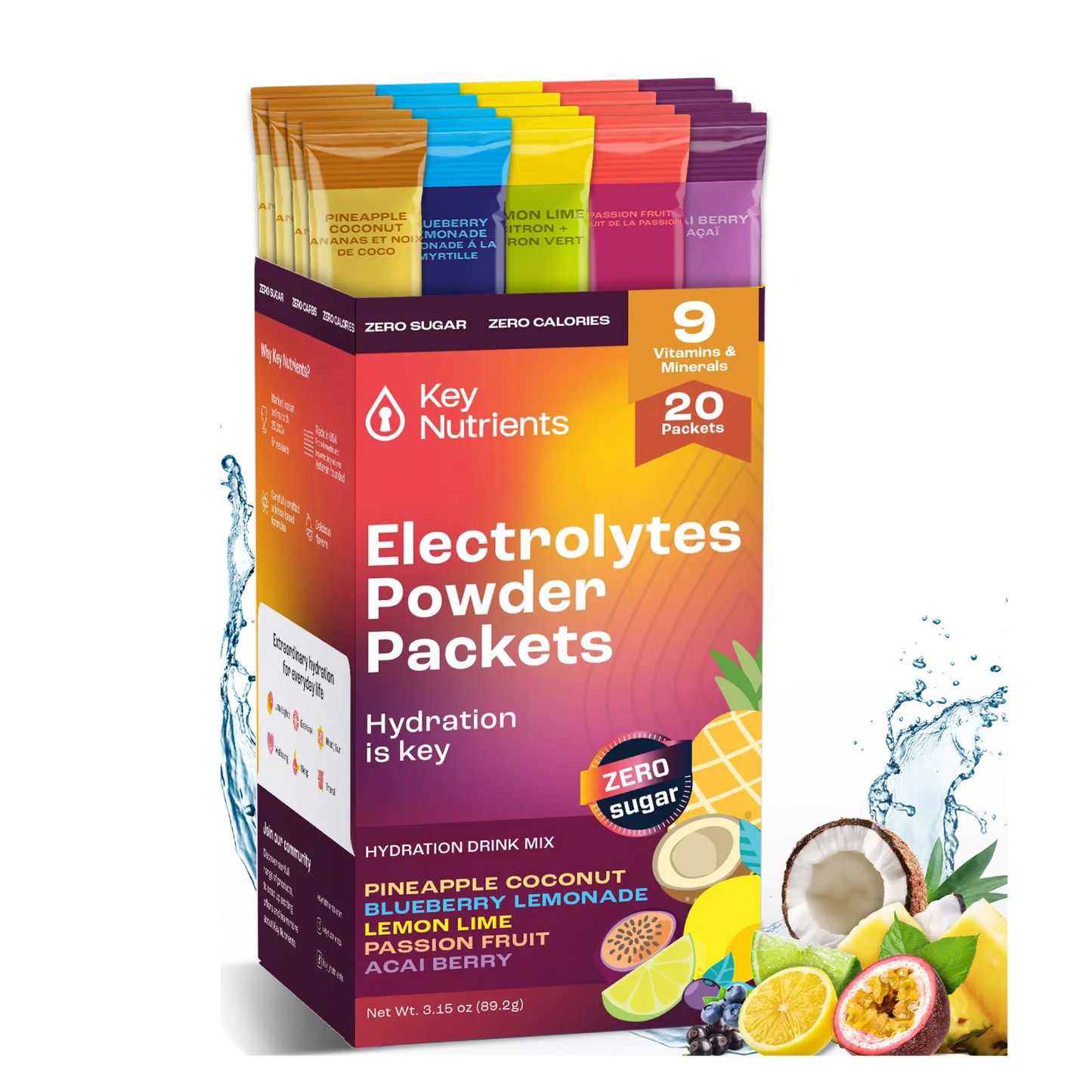 Electrolyte Recovery Plus Powder Travel Packets provide delicious hydration in a variety of flavors, with packaging adorned with fruit illustrations and water splashes—ideal support for those on a keto diet.