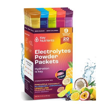 Electrolyte Recovery Plus Powder Travel Packets provide delicious hydration in a variety of flavors, with packaging adorned with fruit illustrations and water splashes—ideal support for those on a keto diet.