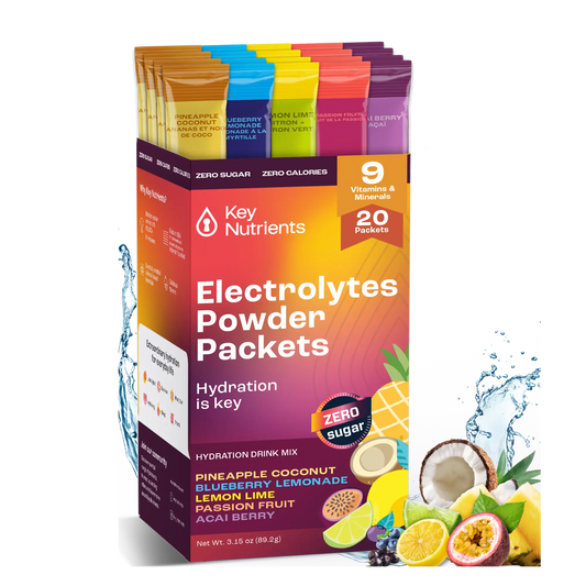 Variety - Pineapple Coconut, Passion Fruit, Blueberry Lemonade, Lemon Lime, Acai Berry - 20 servings Electrolyte Recovery Plus Powder Travel Packets provide delicious hydration in a variety of flavors, with packaging adorned with fruit illustrations and water splashes—ideal support for those on a keto diet.