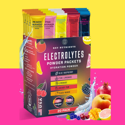 Electrolyte Recovery Plus Powder Travel Packets featuring an assortment of fruit flavors on a vibrant backdrop, ideal for hydration and keto diet assistance.