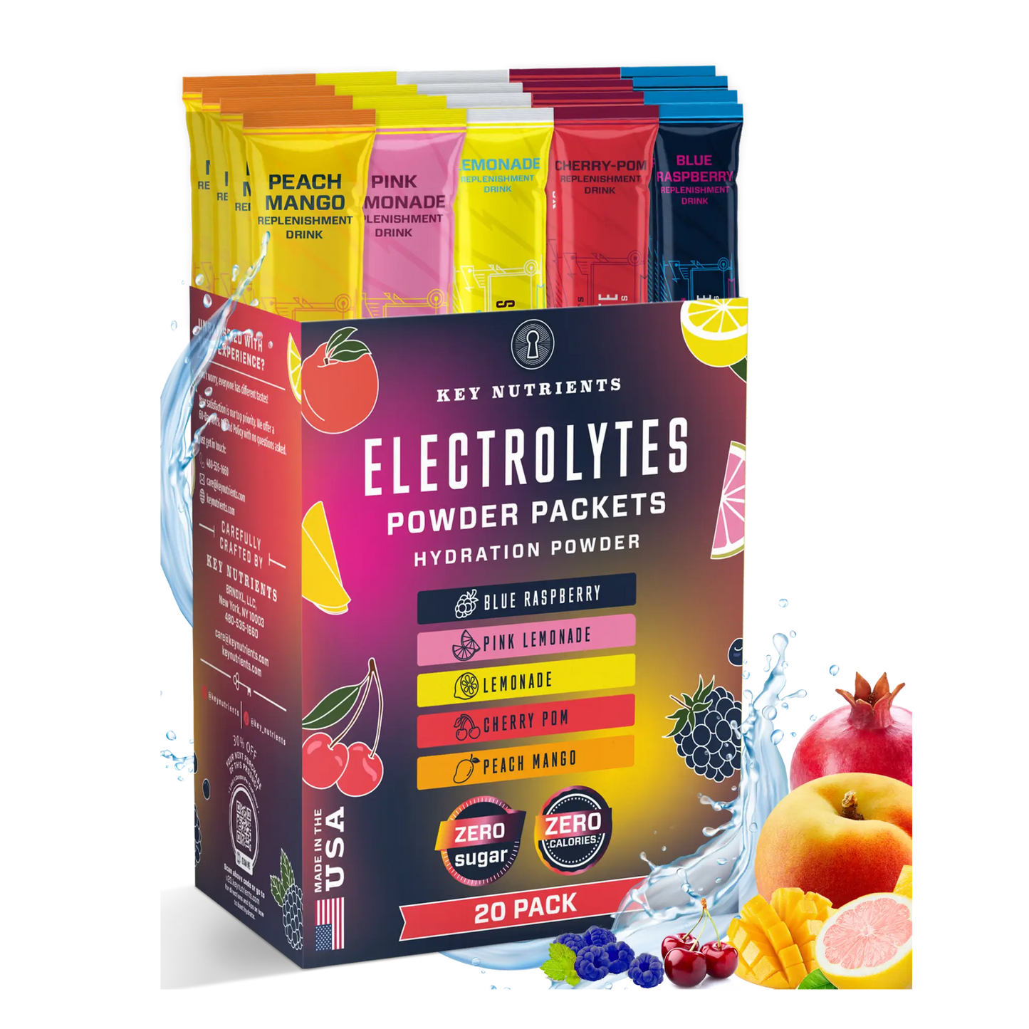 A vibrant box of Electrolyte Recovery Plus Powder Travel Packets, perfect for hydration and keto diet support, showcases delightful fruit illustrations such as peach, raspberry, and lemon.