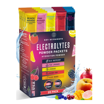 A vibrant box of Electrolyte Recovery Plus Powder Travel Packets, perfect for hydration and keto diet support, showcases delightful fruit illustrations such as peach, raspberry, and lemon.