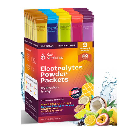 A colorful box of Electrolyte Recovery Plus Powder Travel Packets displays tropical fruits on the front, providing hydration and support for a keto diet with each sip.