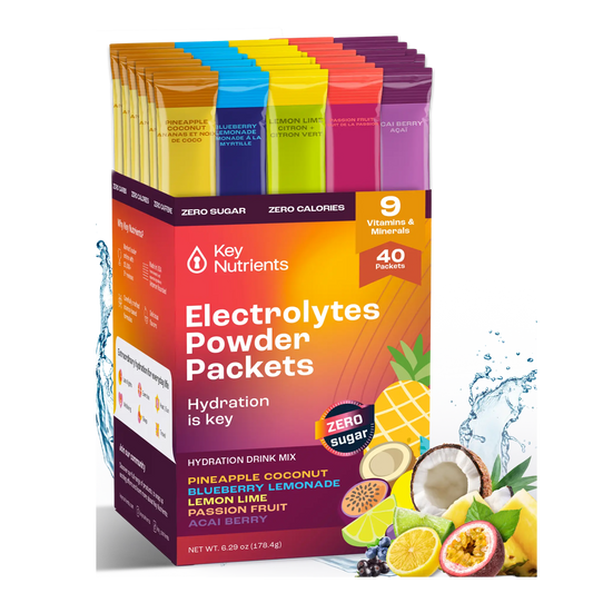 Variety - Pineapple Coconut, Passion Fruit, Blueberry Lemonade, Lemon Lime, Acai Berry - 40 servings A colorful box of Electrolyte Recovery Plus Powder Travel Packets displays tropical fruits on the front, providing hydration and support for a keto diet with each sip.