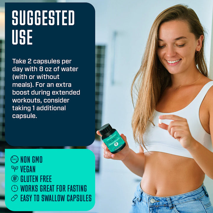 A woman in workout attire holds a bottle of the Electrolyte Hydration Pills, with usage instructions and benefits clearly displayed.