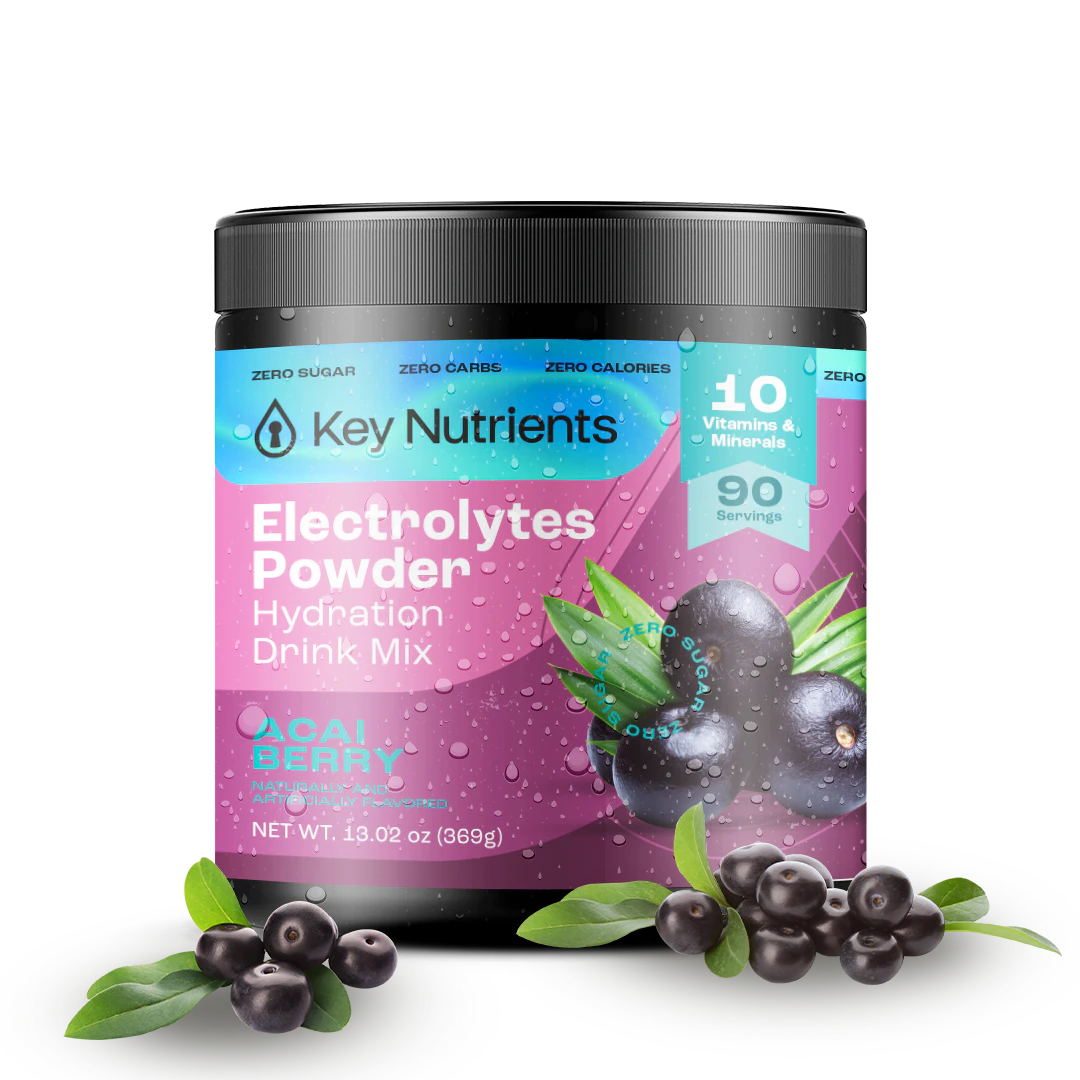 Electrolyte Recovery Plus Powder (Sugar-Free) in Acai Berry flavor, featuring fresh berries on a purple label, ideal for a Keto Diet hydration drink.