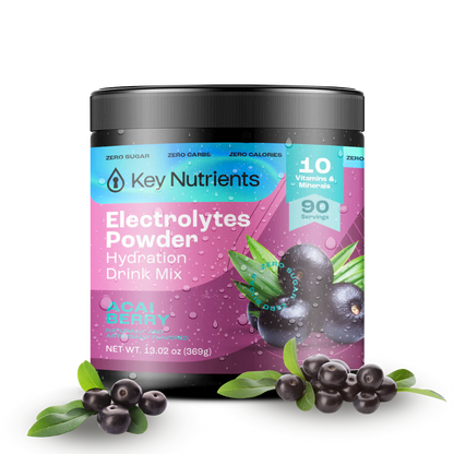 Electrolyte Recovery Plus Powder (Sugar-Free) in Acai Berry flavor, featuring fresh berries on a purple label, ideal for a Keto Diet hydration drink.