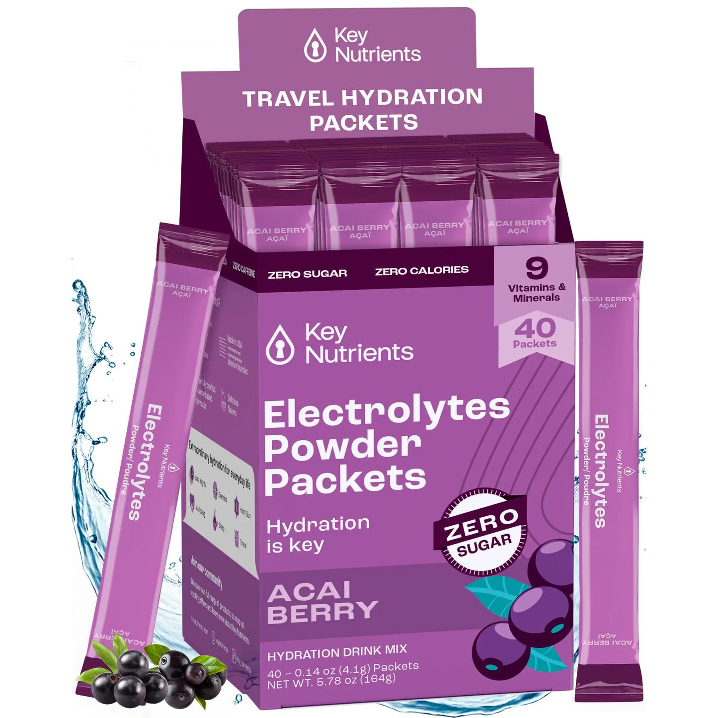 Purple box of Electrolyte Recovery Plus Powder (Sugar-Free) packets, featuring a dynamic berries and water splash graphic, perfect for a keto diet.