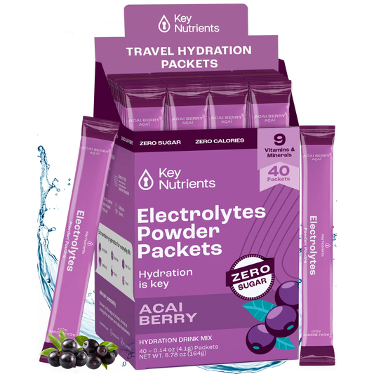 Acai Berry - 40 servings Purple box of Electrolyte Recovery Plus Powder (Sugar-Free) packets, featuring a dynamic berries and water splash graphic, perfect for a keto diet.