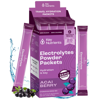 A purple box of Electrolyte Recovery Plus Powder (Sugar-Free) with vibrant berry illustrations, ideal for a Keto Diet Friendly hydration drink.