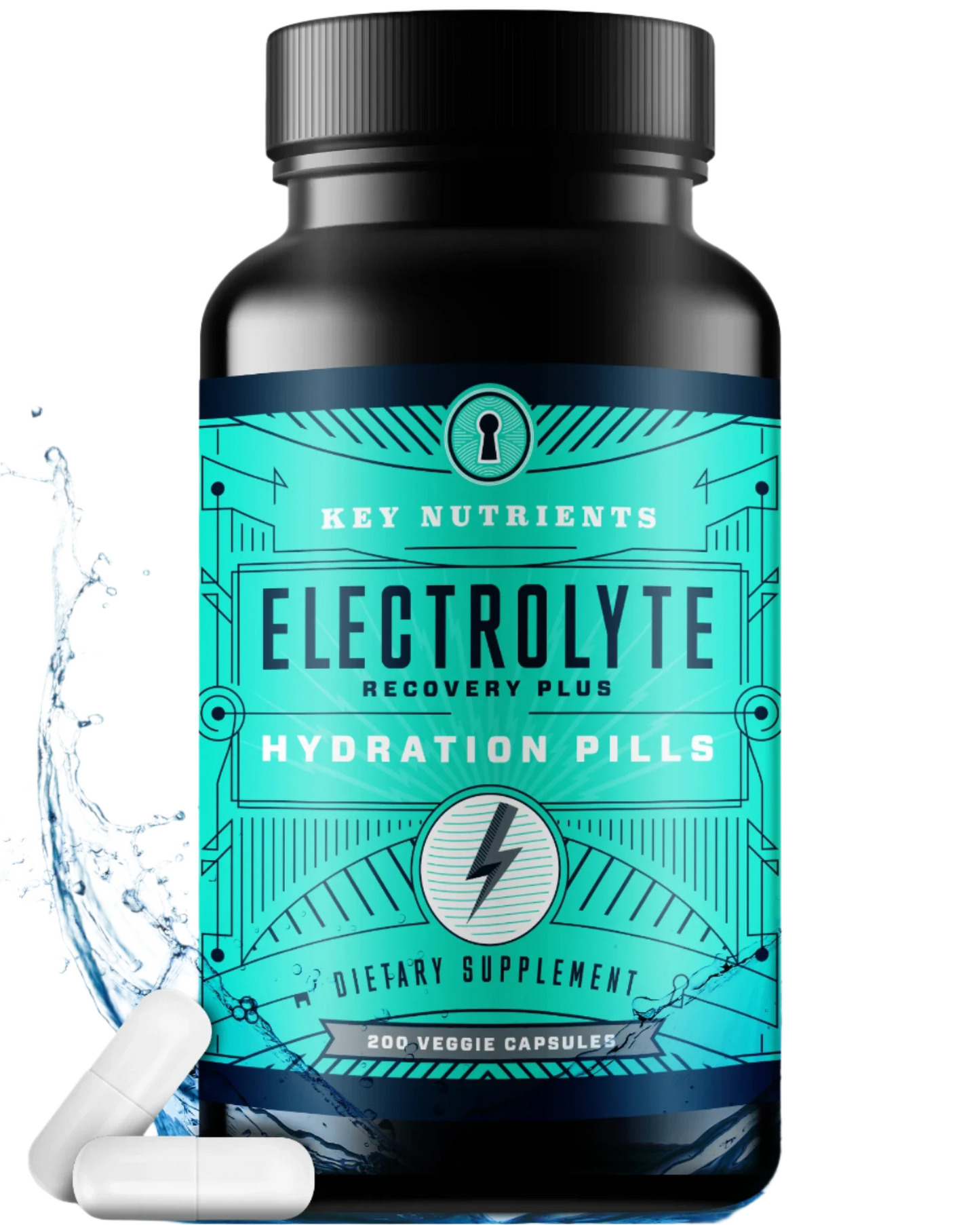 A container of Electrolyte Hydration Pills (capsule form) is positioned beside a splash of water and two capsules, ideal for replenishing electrolytes.