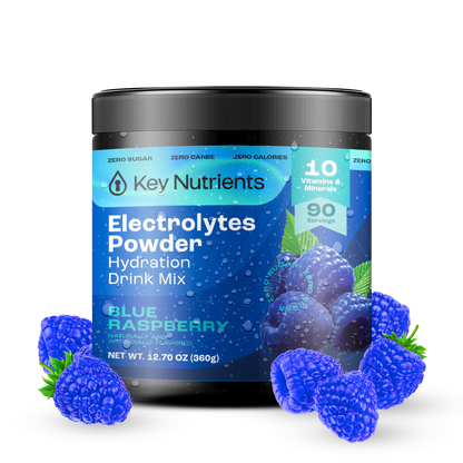 Container of Electrolyte Recovery Plus Powder (Sugar-Free), an electrolyte powder that is keto-friendly, featuring a tantalizing blue raspberry flavor with fresh raspberries around it.