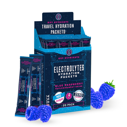 The Electrolyte Recovery Plus Powder (Sugar-Free), ideal for the keto diet, comes in packets adorned with illustrations of fresh raspberries on the box. This hydration drink offers a blend of flavor and essential electrolytes to keep you refreshed and revitalized all day long.